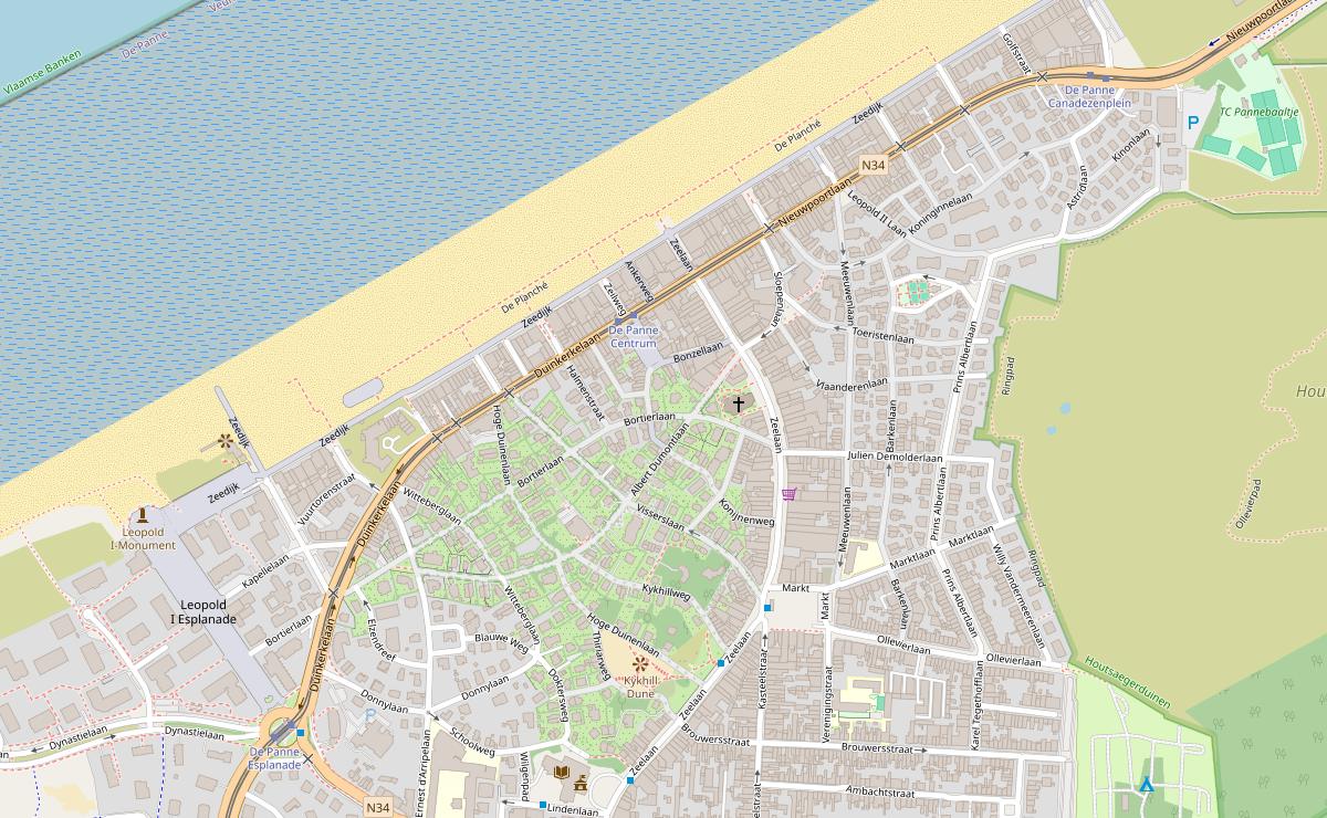 Plan du centre de La Panne : la plage et la digue au nord, la Zeelaan, la Place du Marché et le quartier Dumont