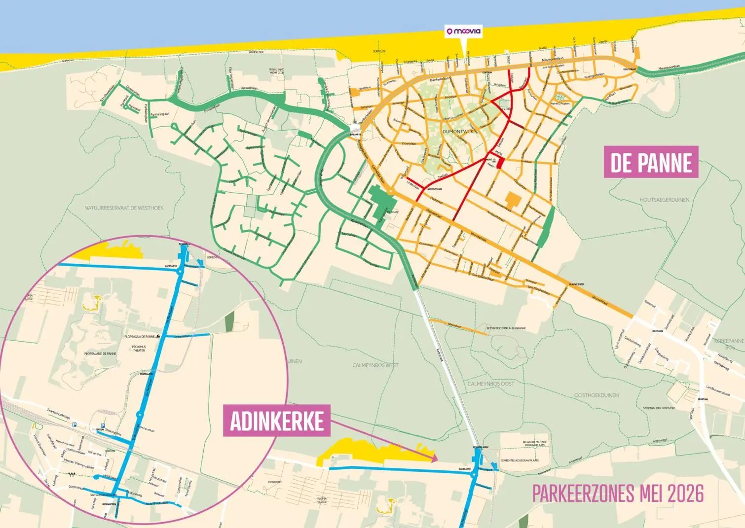 Plan des zones de stationnement de La Panne : zone rouge dans le centre autour de la Zeelaan et de la Sloepenlaan, orange le long de la digue et dans le quartier Dumont, verte vers le Westhoek, bleue à Adinkerke
